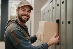 A smiling man holding a box in front of lockers photo