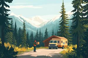 Delivery Man Carrying Package Near Mountain Cabin photo