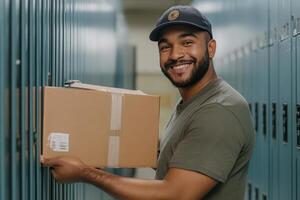 A smiling man holding a box in a locker photo