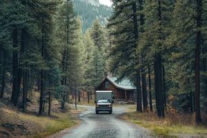 Truck approaches a secluded log cabin in a forest photo