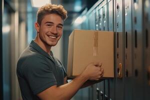 Young Man Smiling While Placing Package In Locker photo