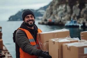 Happy Dockworker Handling Cargo Boxes Near Ocean photo