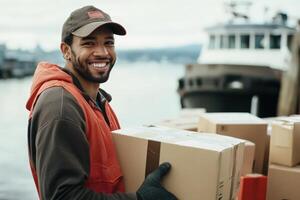 Happy Delivery Worker Carrying Cardboard Boxes Near a Boat photo