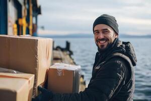 Happy Delivery Man Carries Cardboard Boxes Near Water photo