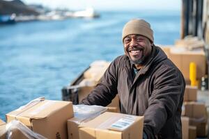 Happy worker handles cargo boxes by the ocean photo
