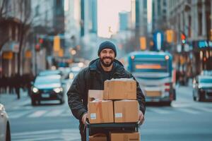 Happy Delivery Man Carts Packages Through City Streets photo