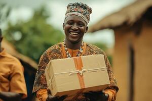 Happy Man in Traditional Clothing Holding a Package photo