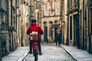 Delivery Cyclist Riding Through Cobblestone Street photo