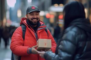 Happy delivery man giving a package in the city photo