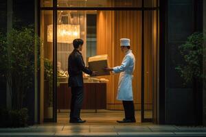 Man in chef uniform receives package from delivery person photo