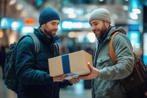 Two men exchange a package in a transit station photo