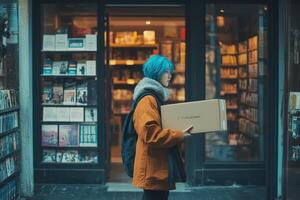 Blue haired woman carrying a box outside bookstore photo