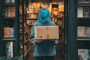 Woman with Blue Hair Holding Cardboard Box Outside Bookstore photo