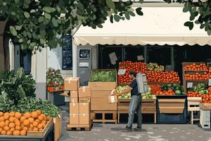 Man Packing Produce Boxes at a Sunny Fruit Stand photo