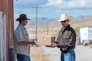 Cowboys exchanging a package outside a rustic building photo