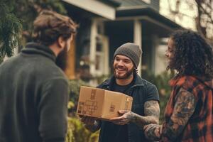 Delivery man giving a package to happy customers outside photo