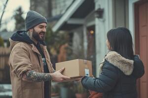 Delivery Man Smiling While Giving Package To Woman photo