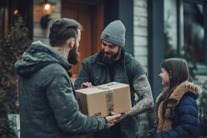 Delivery man handing package to customer and child photo