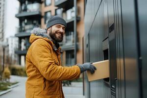 Man smiling while placing package in smart locker photo