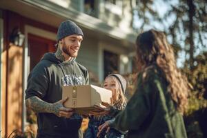 Delivery man gives package to happy family outside their home photo