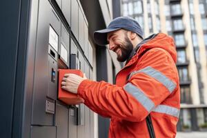 Delivery man placing package in smart locker photo