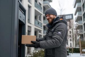 Man placing package into modern apartment package locker photo
