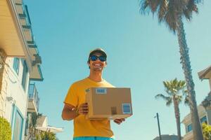 Happy Delivery Man Carries Package Outdoors photo