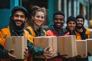 Happy diverse team holding cardboard boxes photo