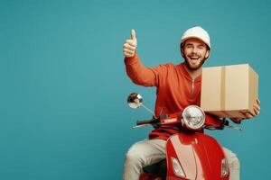 Happy Delivery Man Showing Thumbs Up On Scooter photo
