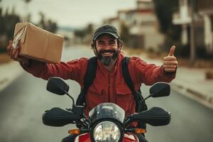 A man on a motorcycle holding a box and giving the thumbs up photo