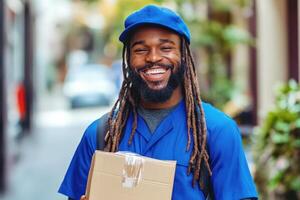 Happy Delivery Man Holding Package Smiling Outdoors photo