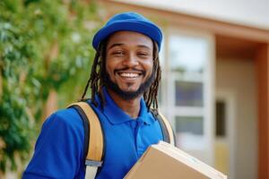Happy Delivery Man Holds Package Outside Home photo