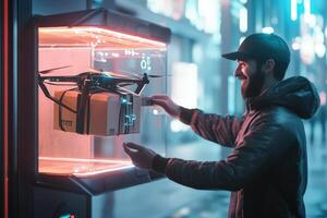 Man receiving a drone delivery package at night photo