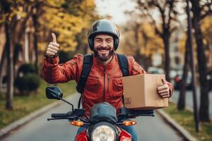 A man on a motorcycle with a box and thumb up photo