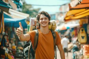 A man with a backpack and a thumbs up photo
