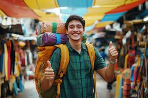Happy Backpacker Gives Thumbs Up In Busy Market photo