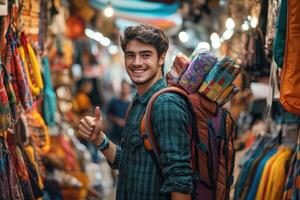 Happy Backpacker Giving Thumbs Up In Market photo