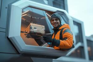Happy Delivery Person With Drone And Package photo