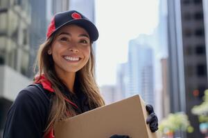 Happy Delivery Woman Holding Package City Background photo