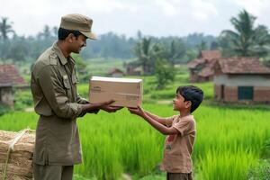 Delivery Man Giving Package to Happy Child in Rural Setting photo