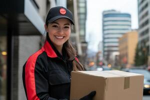 Smiling Delivery Woman Holding Cardboard Box In City photo