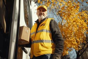 Delivery Driver Smiles Holding Package Autumn Day photo