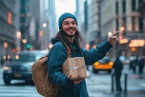 Happy Delivery Man Hails Cab In City Street photo