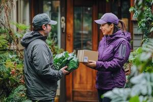 Delivery person giving package and groceries to customer photo