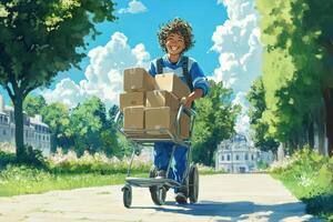 Happy Delivery Person Pushing Cart With Packages photo