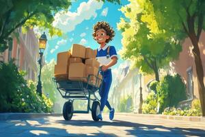 Happy Delivery Person Pushing Cart Full Of Packages photo