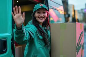 A woman in a green jacket waving while holding a box photo