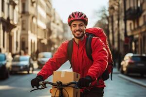 A man in a red jacket and helmet is riding a bike photo