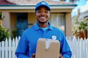A smiling man holding a box in front of his house photo