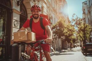 A man on a bike with a box on his back photo